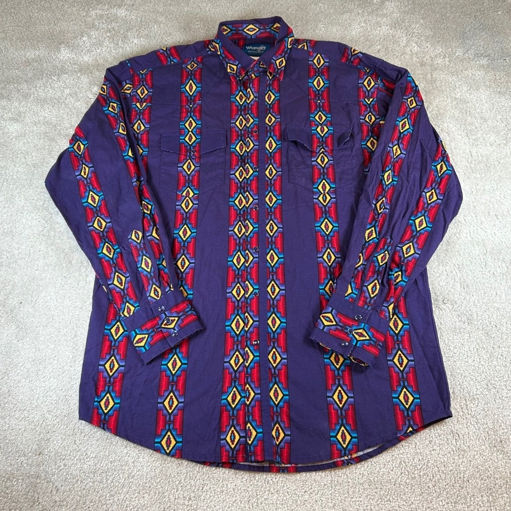 VTG Wrangler Western Shirt Men's Large Purple Aztec Geometric Pearl Snap Cotton